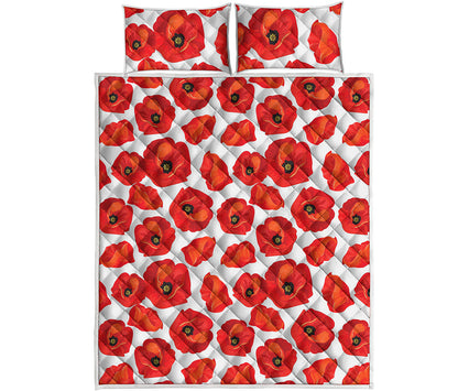 Red Poppy Pattern Print Quilt Bed Set