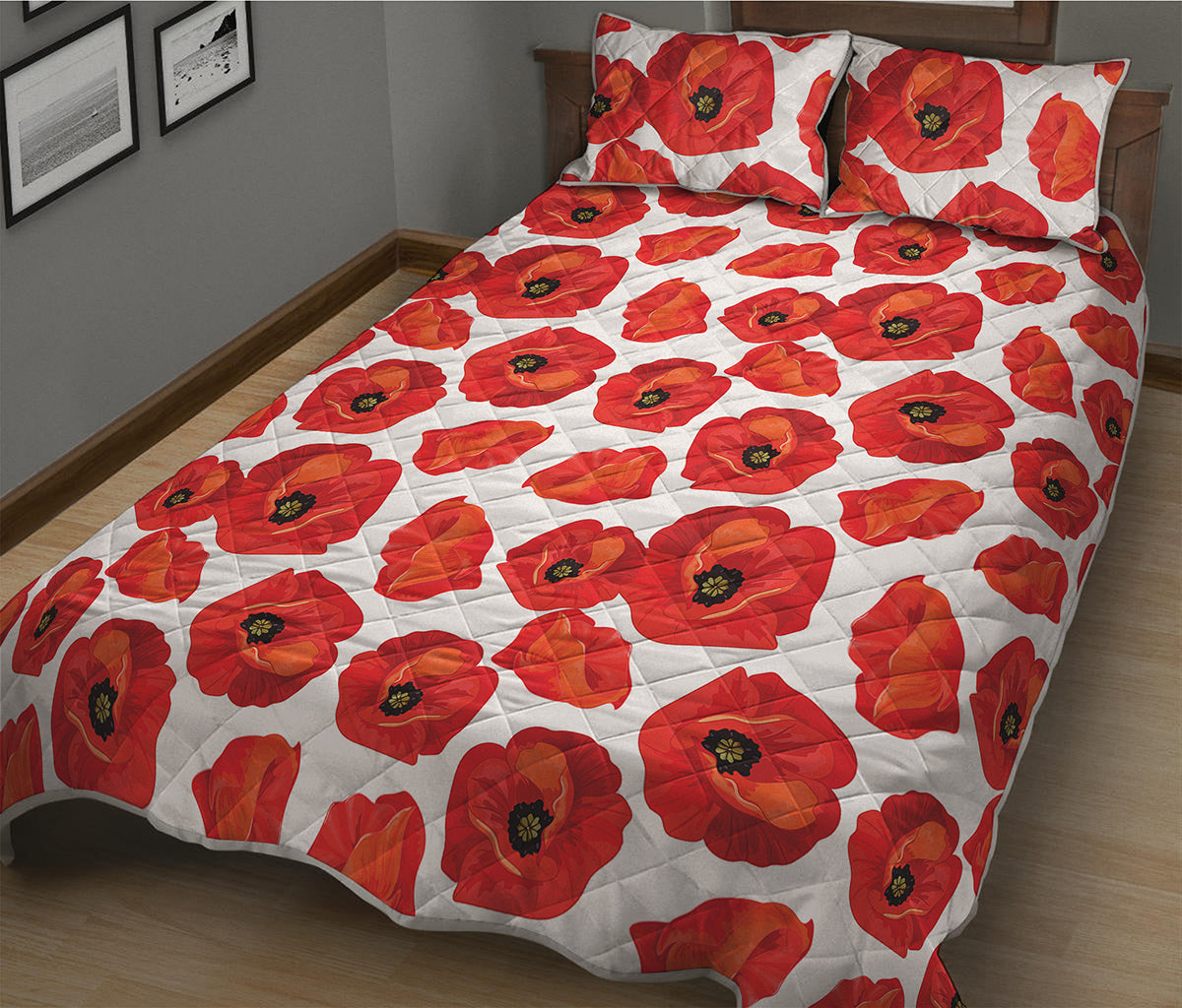 Red Poppy Pattern Print Quilt Bed Set