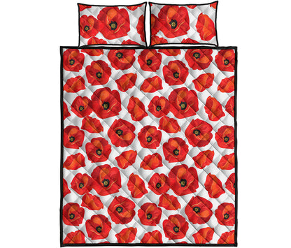 Red Poppy Pattern Print Quilt Bed Set