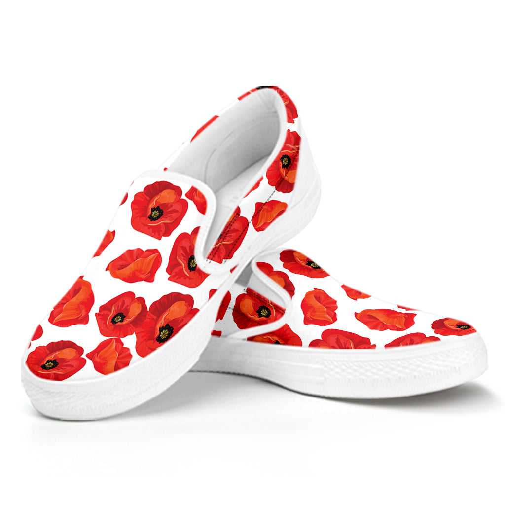 Red Poppy Pattern Print White Slip On Shoes
