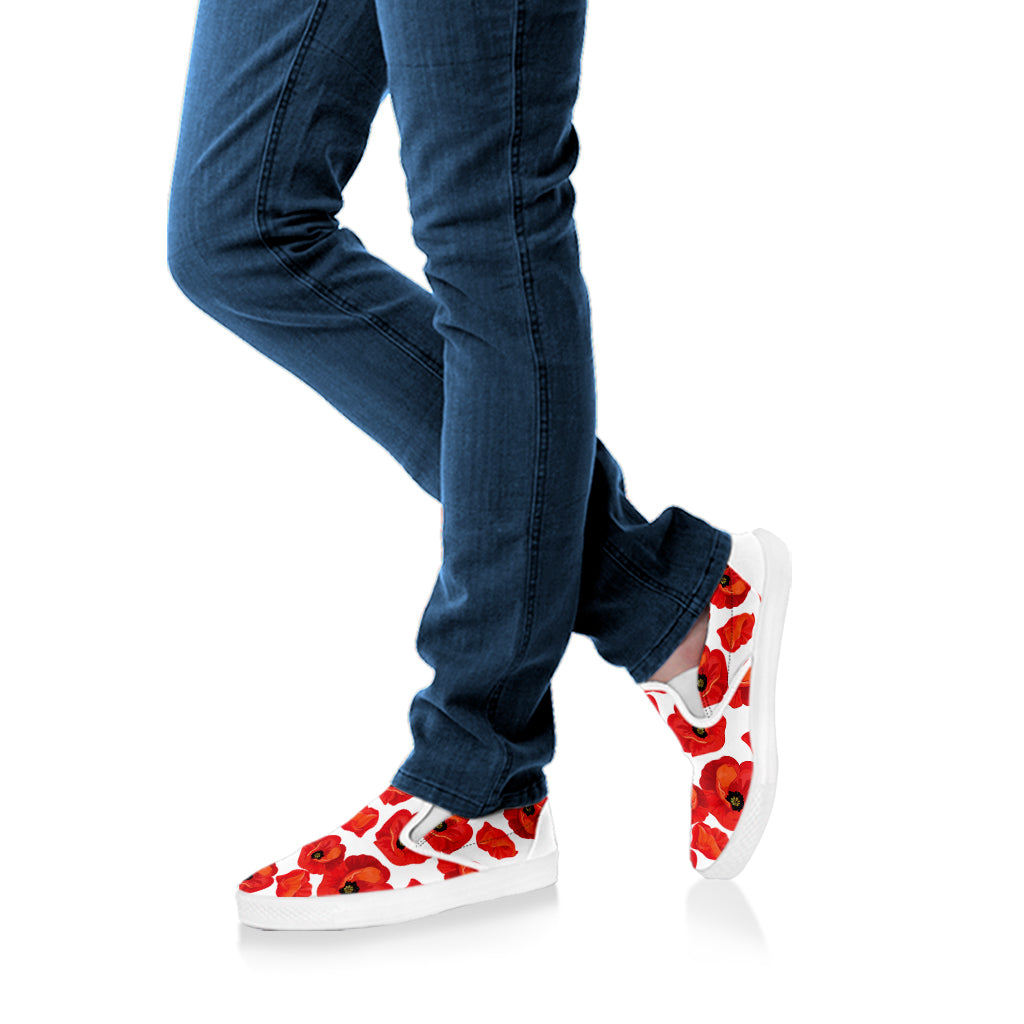 Red Poppy Pattern Print White Slip On Shoes