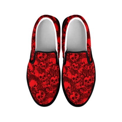 Red Punk Skull Pattern Print Black Slip On Shoes