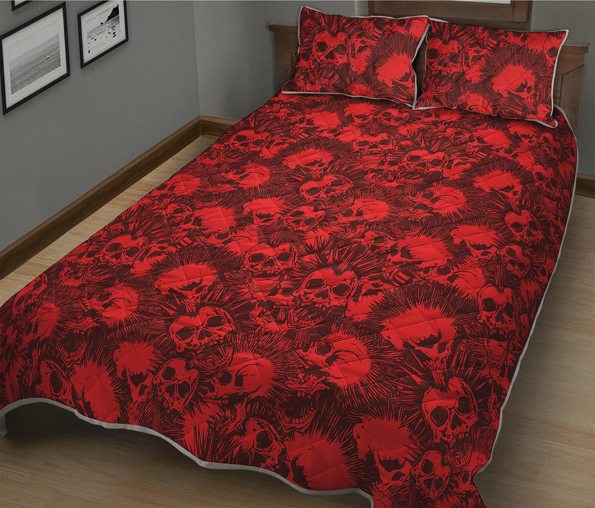 Red Punk Skull Pattern Print Quilt Bed Set