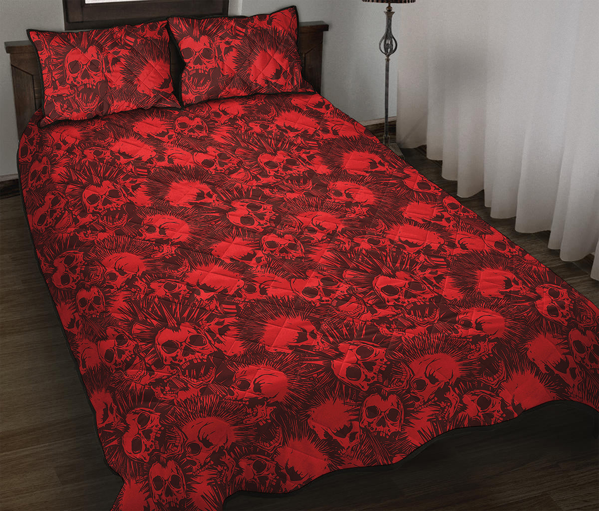 Red Punk Skull Pattern Print Quilt Bed Set