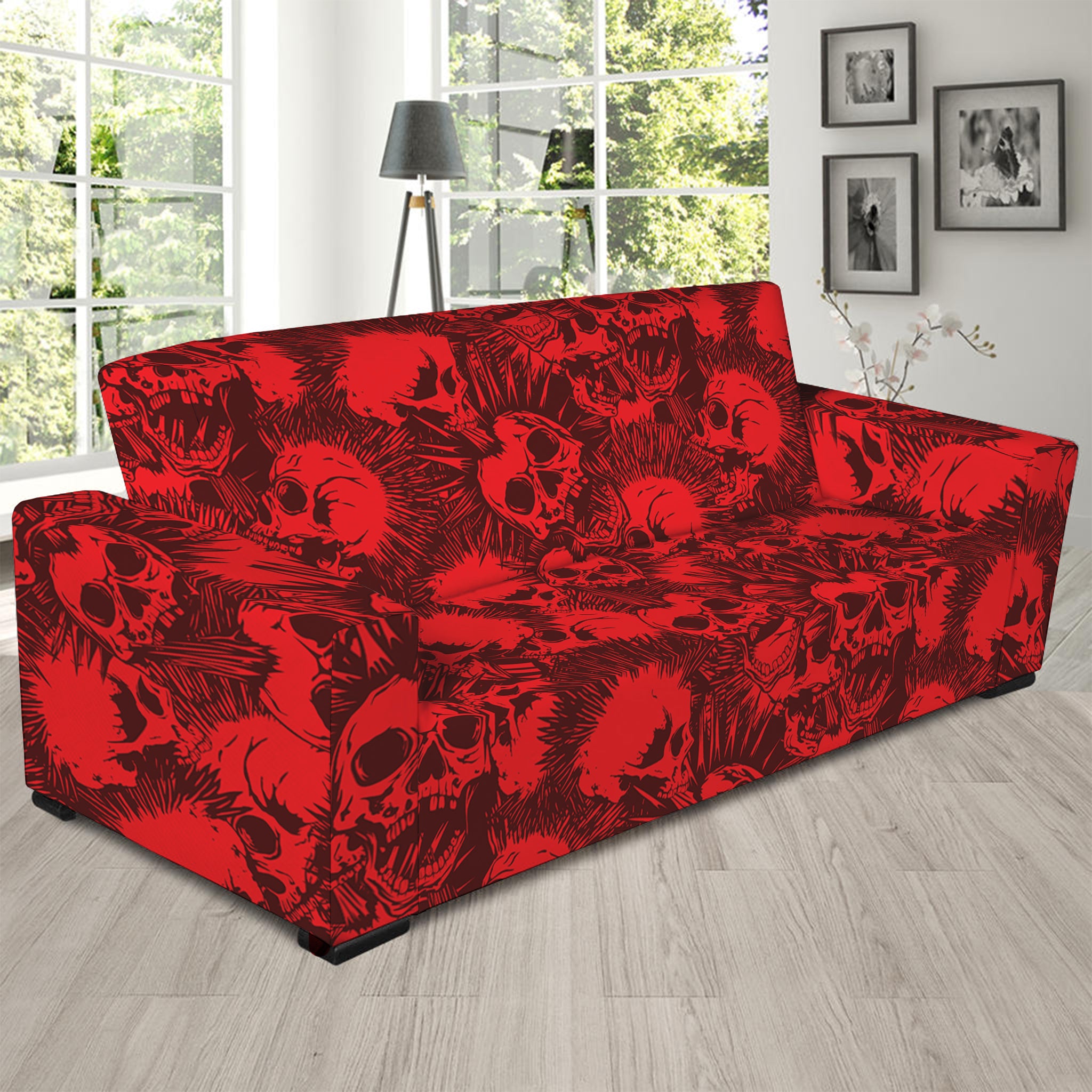 Red Punk Skull Pattern Print Sofa Slipcover