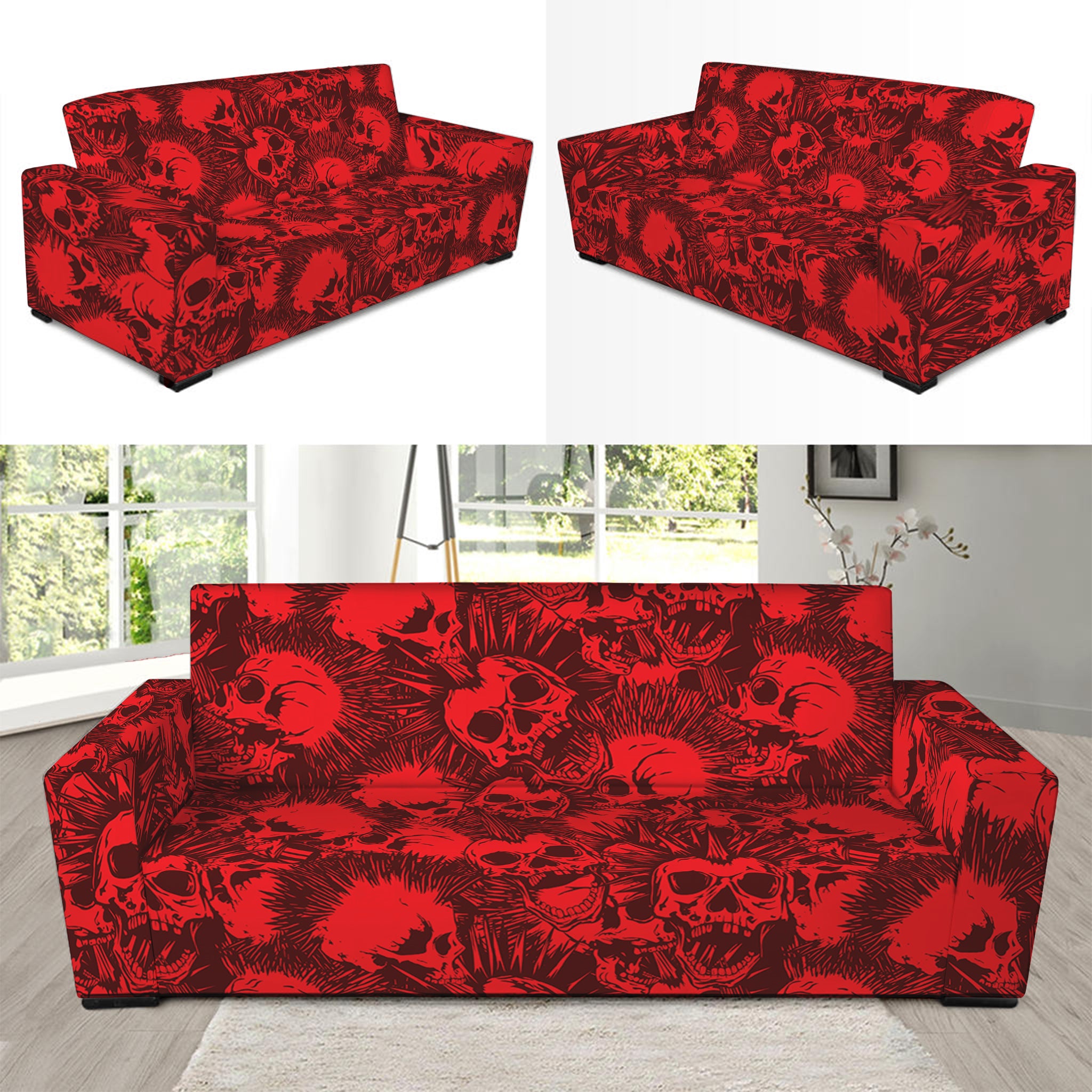 Red Punk Skull Pattern Print Sofa Slipcover