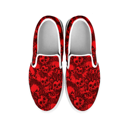 Red Punk Skull Pattern Print White Slip On Shoes