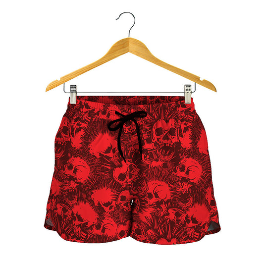 Red Punk Skull Pattern Print Women's Shorts