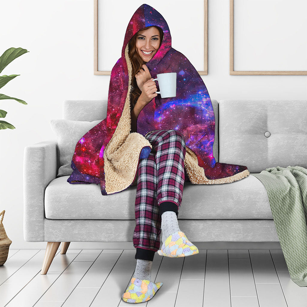 Red Purple Nebula Galaxy Space Print Hooded Blanket