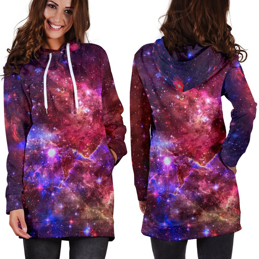 Red Purple Nebula Galaxy Space Print Hoodie Dress GearFrost