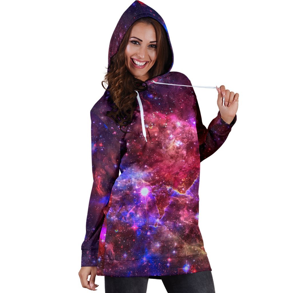 Red Purple Nebula Galaxy Space Print Hoodie Dress GearFrost