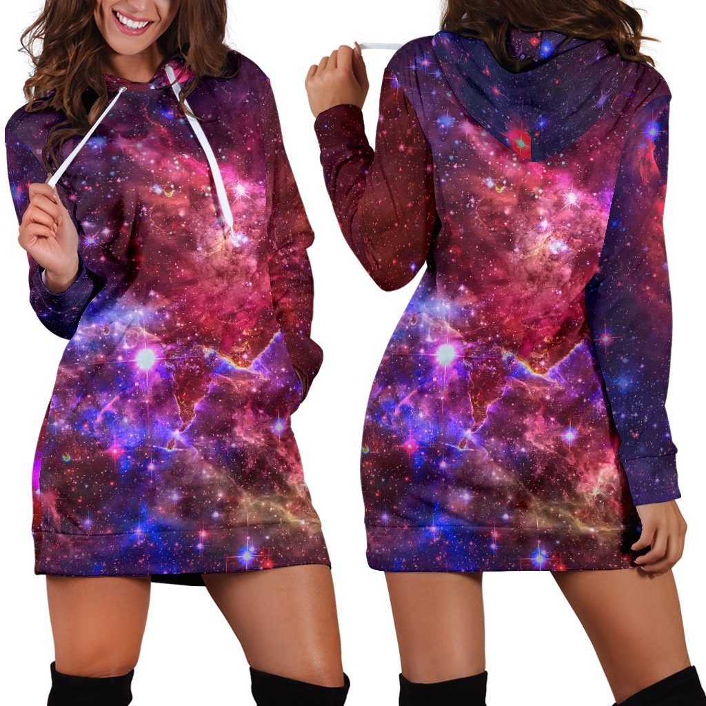 Red Purple Nebula Galaxy Space Print Hoodie Dress GearFrost
