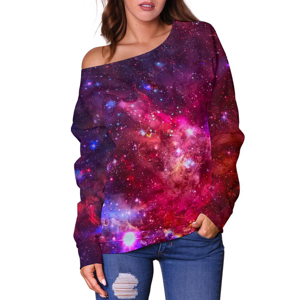 Red Purple Nebula Galaxy Space Print Off Shoulder Sweatshirt GearFrost