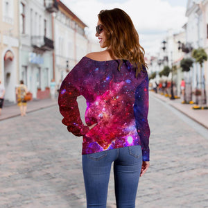 Red Purple Nebula Galaxy Space Print Off Shoulder Sweatshirt GearFrost