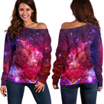 Red Purple Nebula Galaxy Space Print Off Shoulder Sweatshirt GearFrost