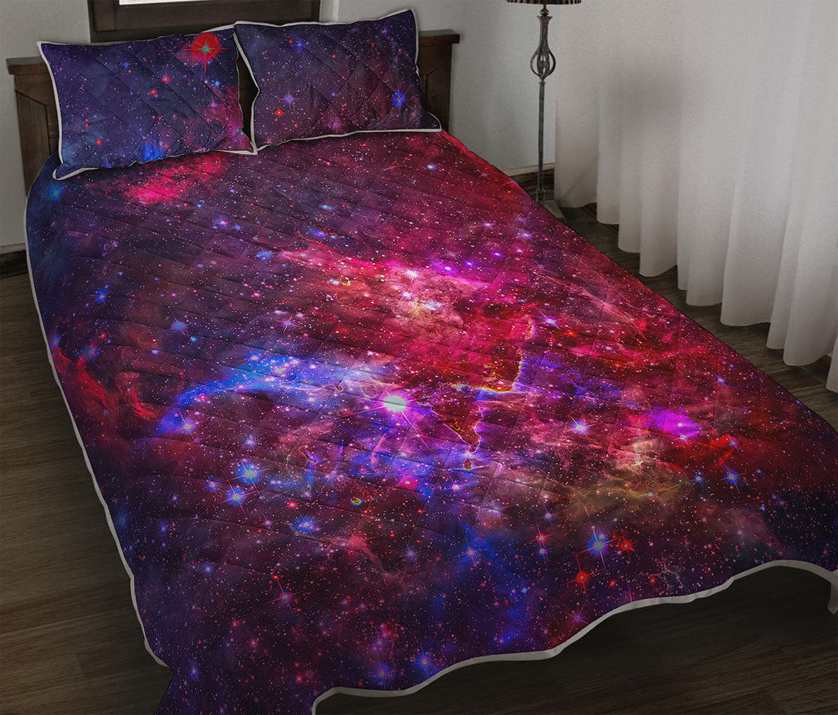 Red Purple Nebula Galaxy Space Print Quilt Bed Set