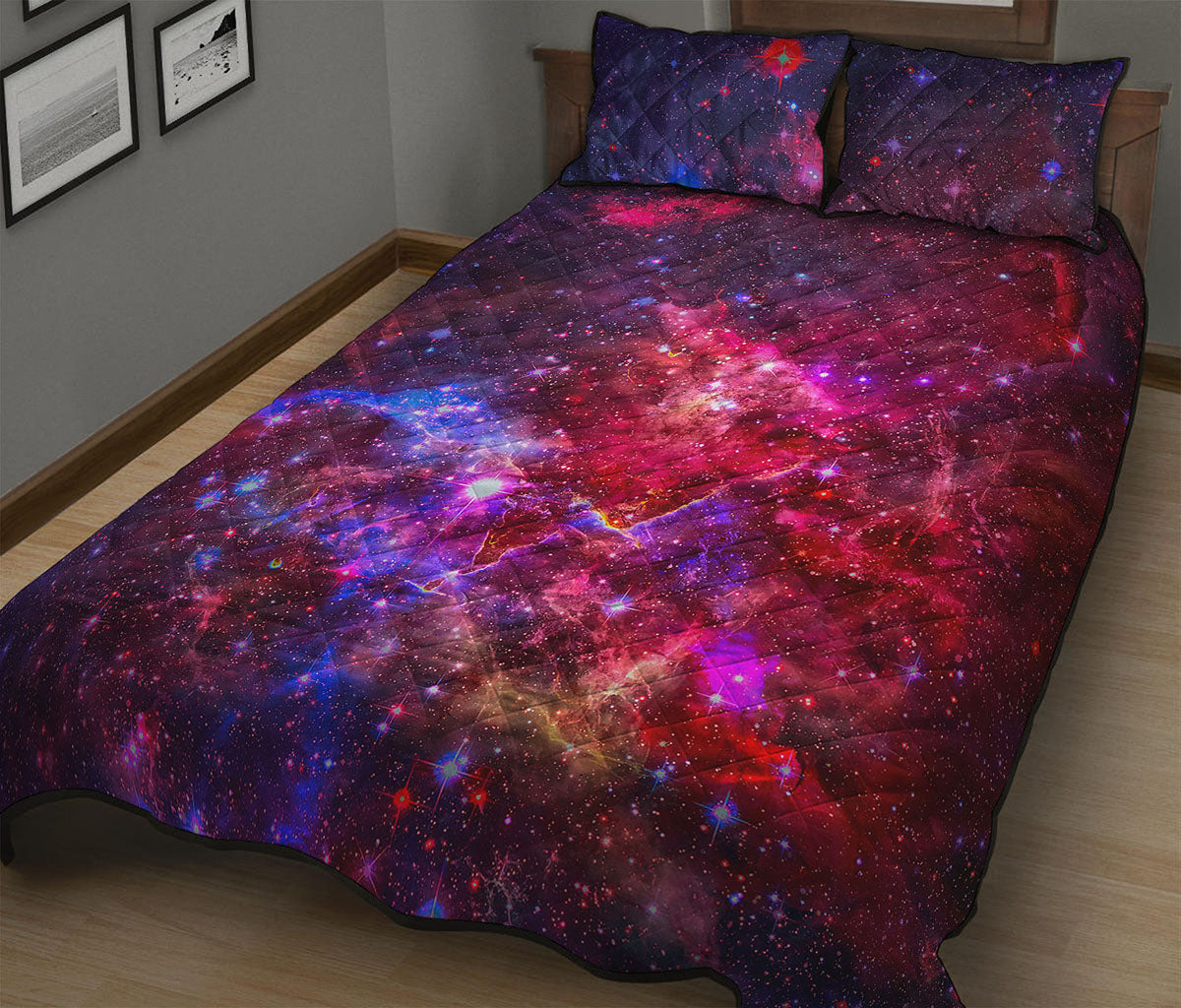 Red Purple Nebula Galaxy Space Print Quilt Bed Set