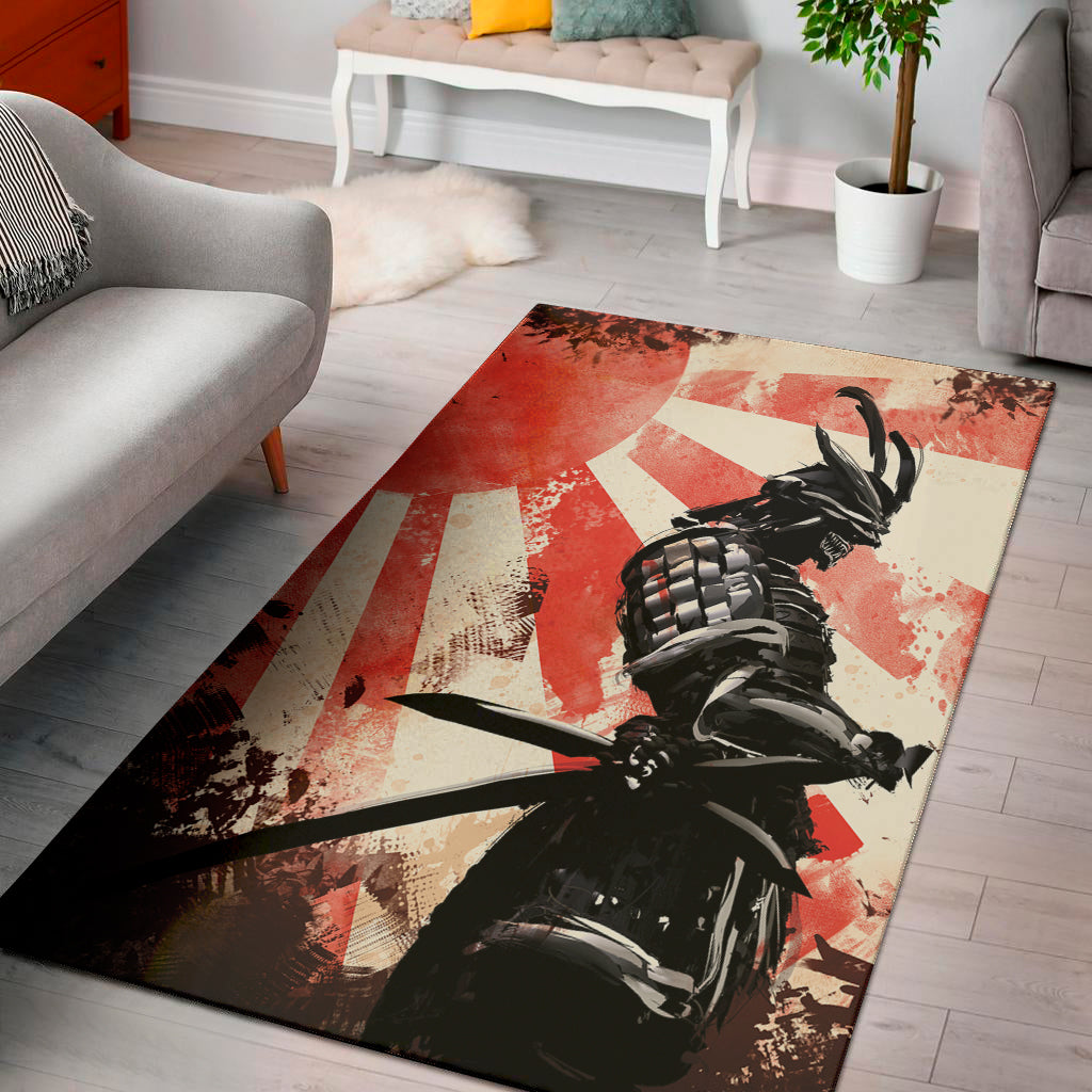 Red Rising Sun Samurai Print Area Rug