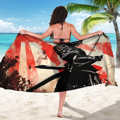 Red Rising Sun Samurai Print Beach Sarong Wrap