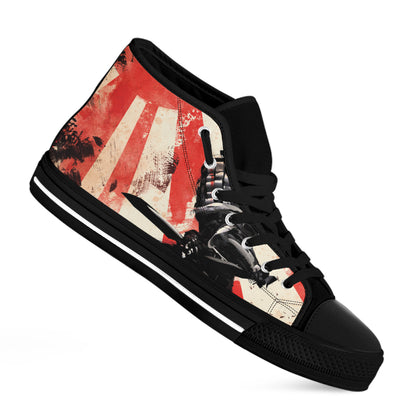 Red Rising Sun Samurai Print Black High Top Shoes