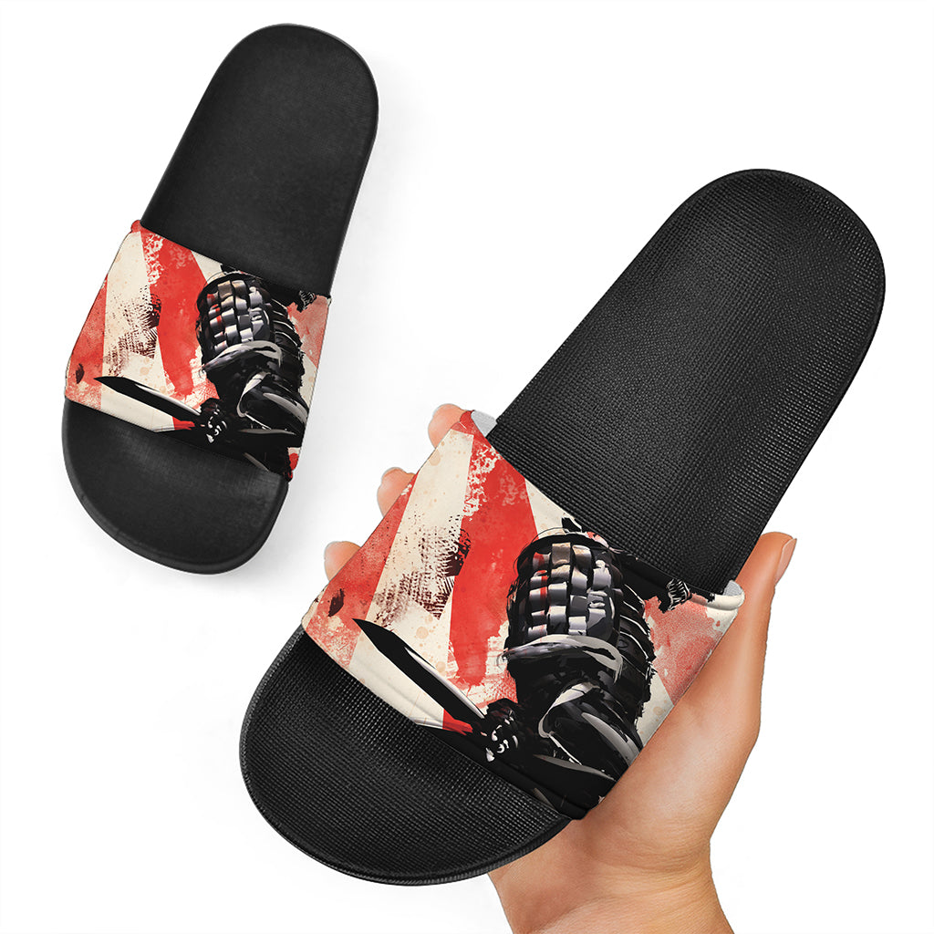 Red Rising Sun Samurai Print Black Slide Sandals