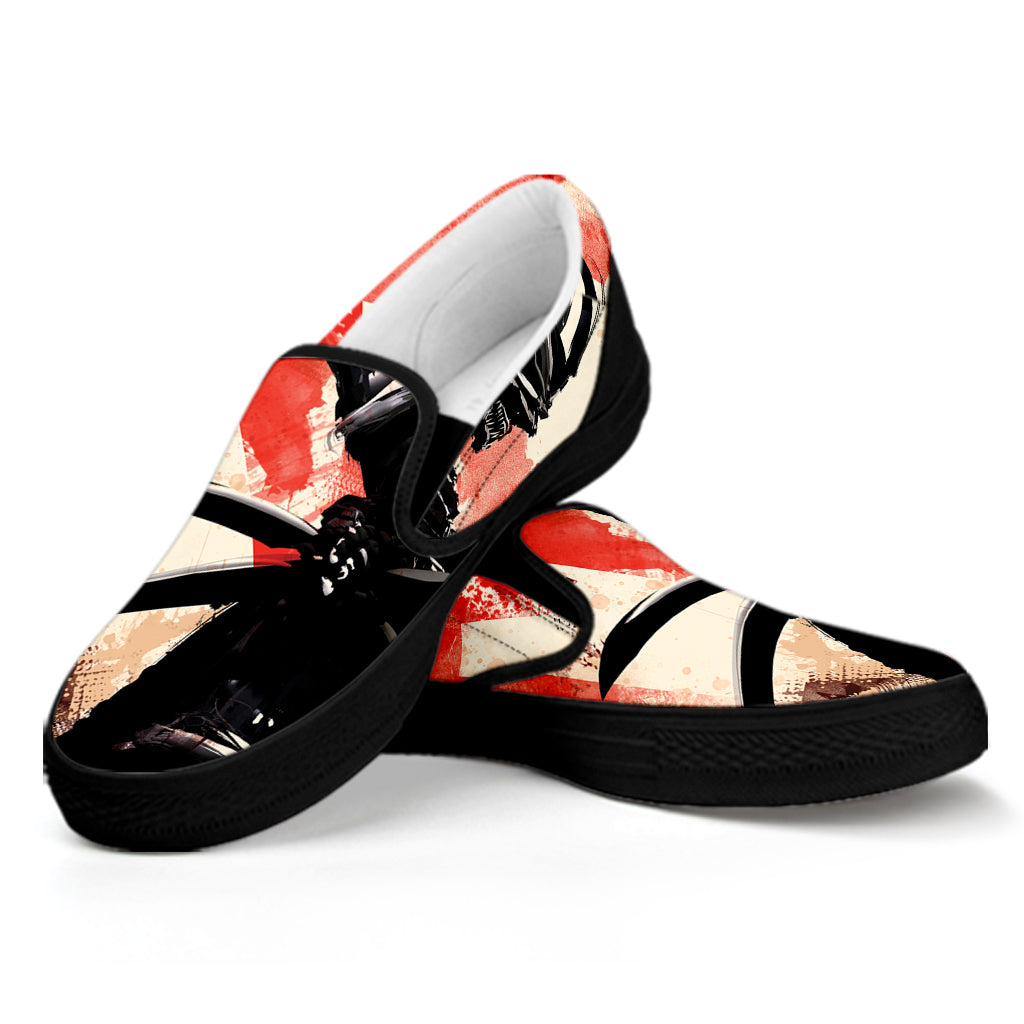 Red Rising Sun Samurai Print Black Slip On Shoes