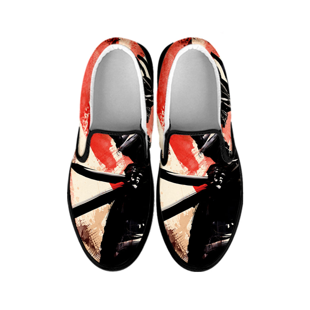 Red Rising Sun Samurai Print Black Slip On Shoes