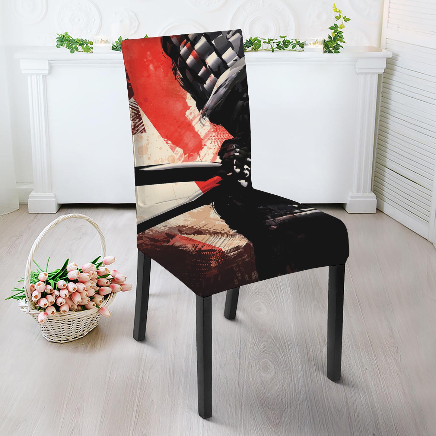 Red Rising Sun Samurai Print Dining Chair Slipcover