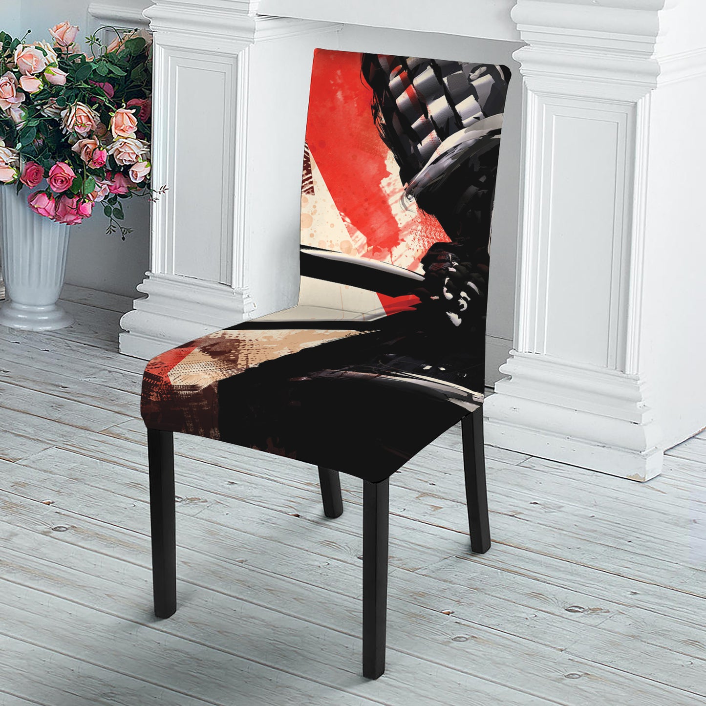 Red Rising Sun Samurai Print Dining Chair Slipcover