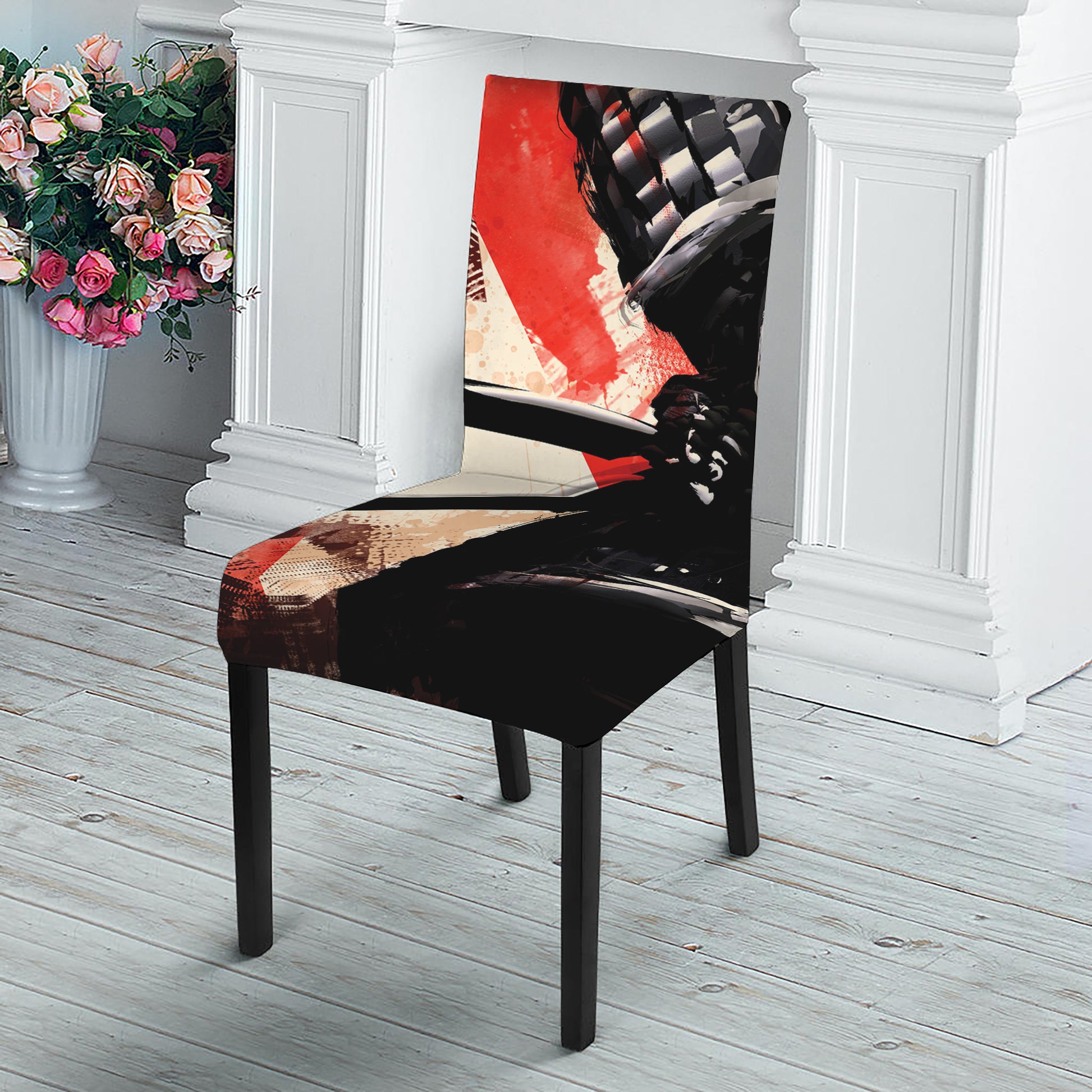 Red Rising Sun Samurai Print Dining Chair Slipcover