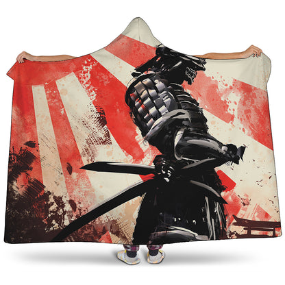 Red Rising Sun Samurai Print Hooded Blanket