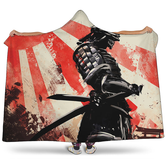 Red Rising Sun Samurai Print Hooded Blanket