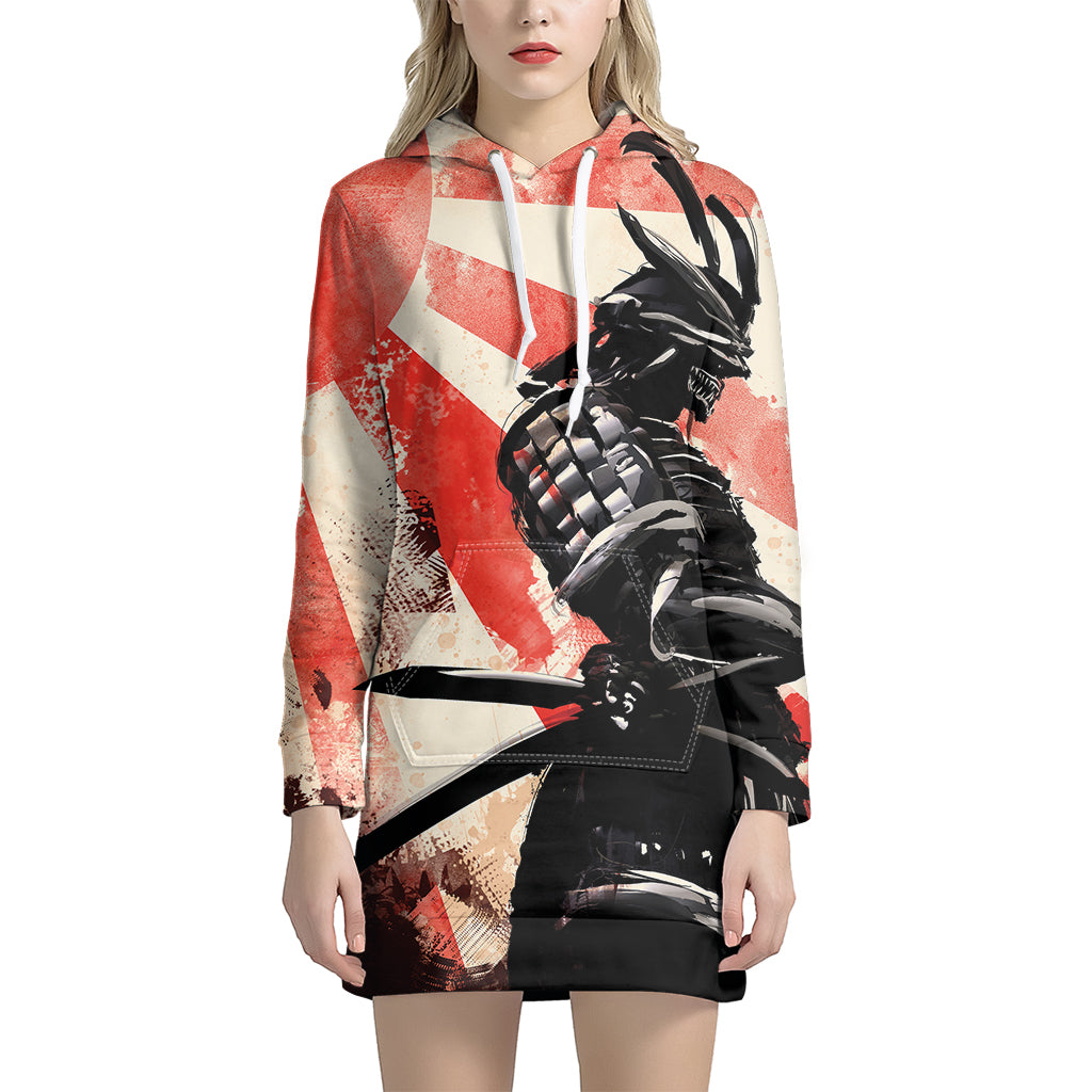 Red Rising Sun Samurai Print Pullover Hoodie Dress