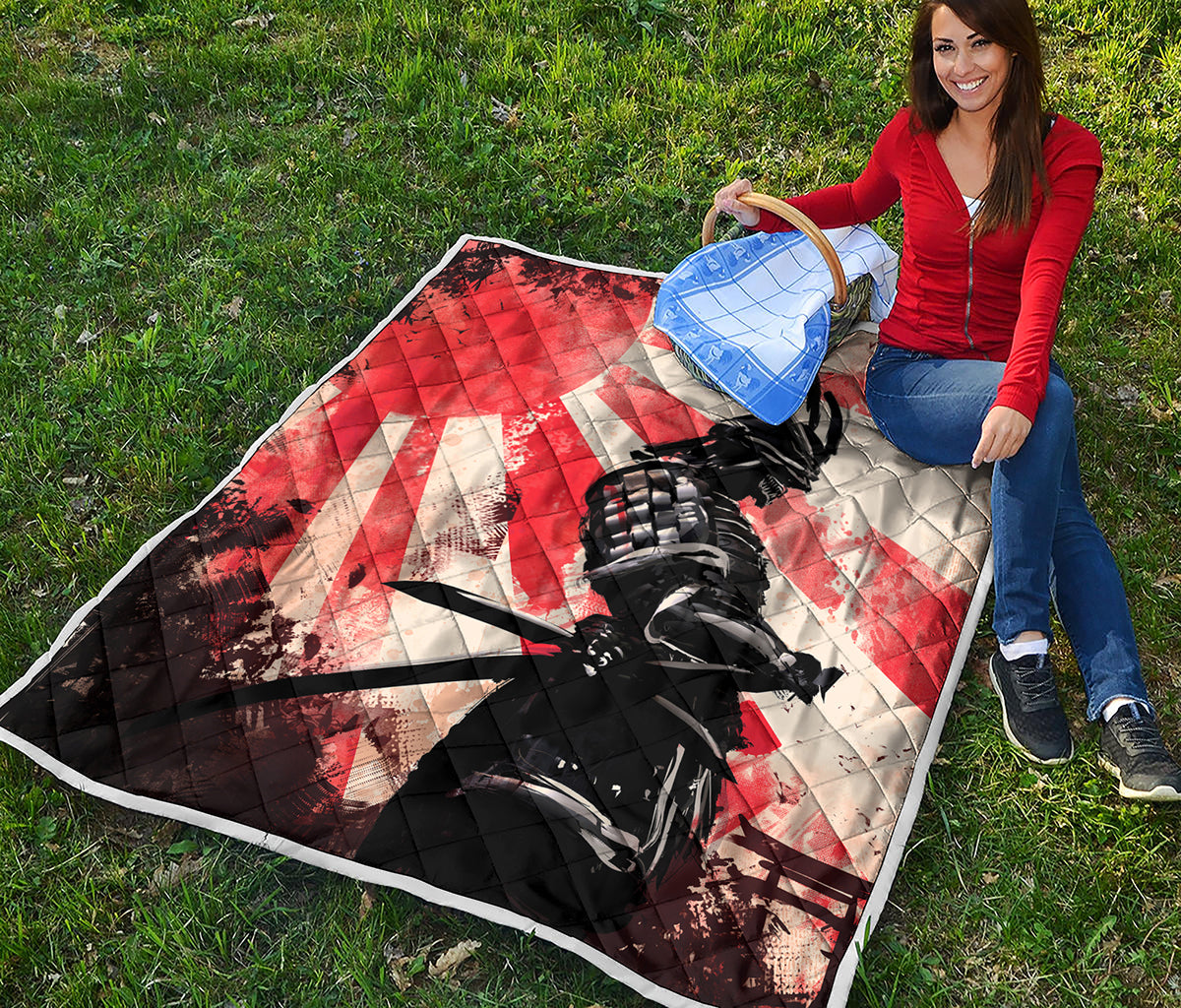 Red Rising Sun Samurai Print Quilt