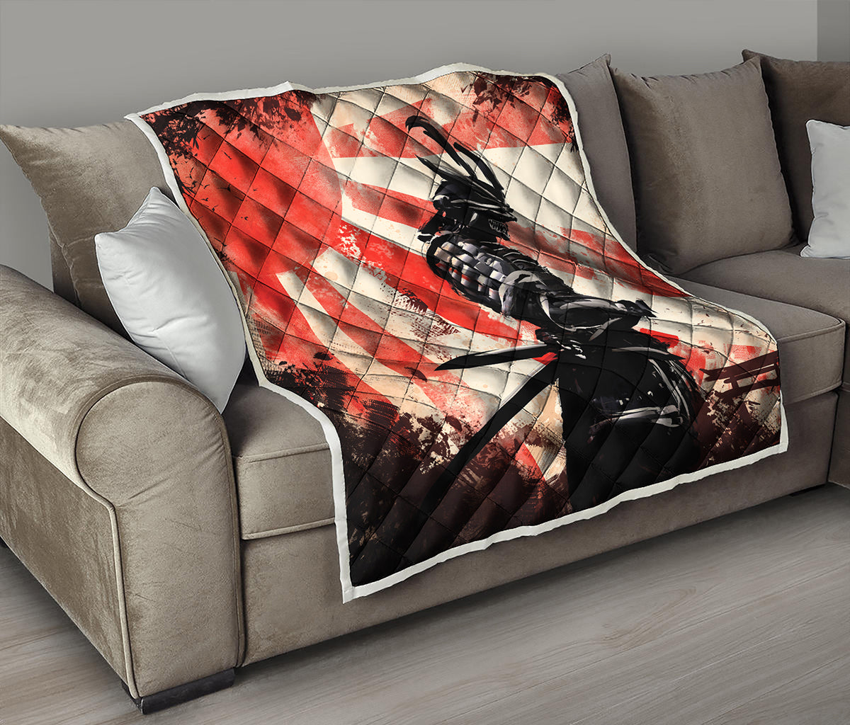 Red Rising Sun Samurai Print Quilt