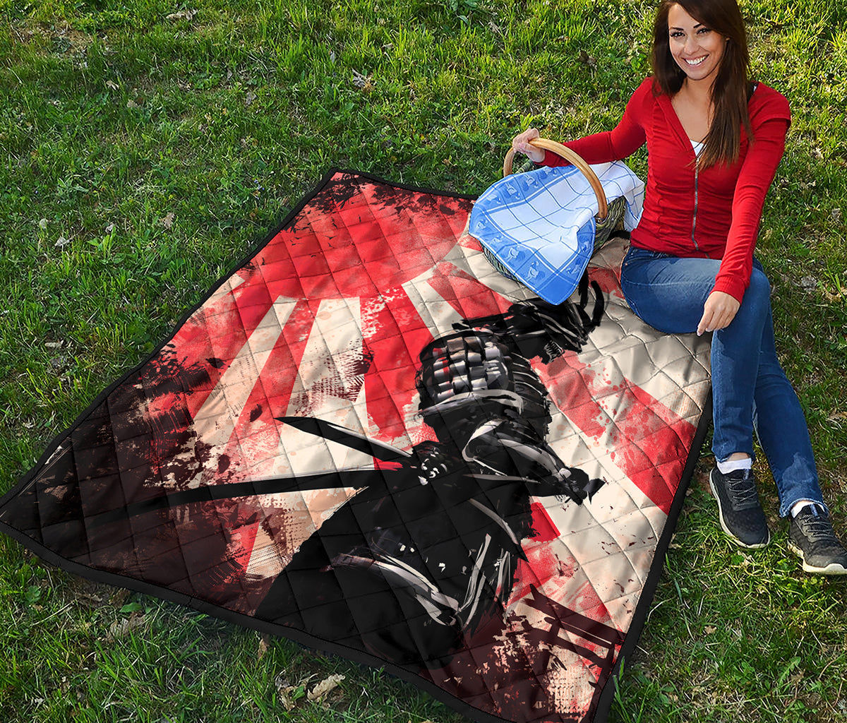 Red Rising Sun Samurai Print Quilt
