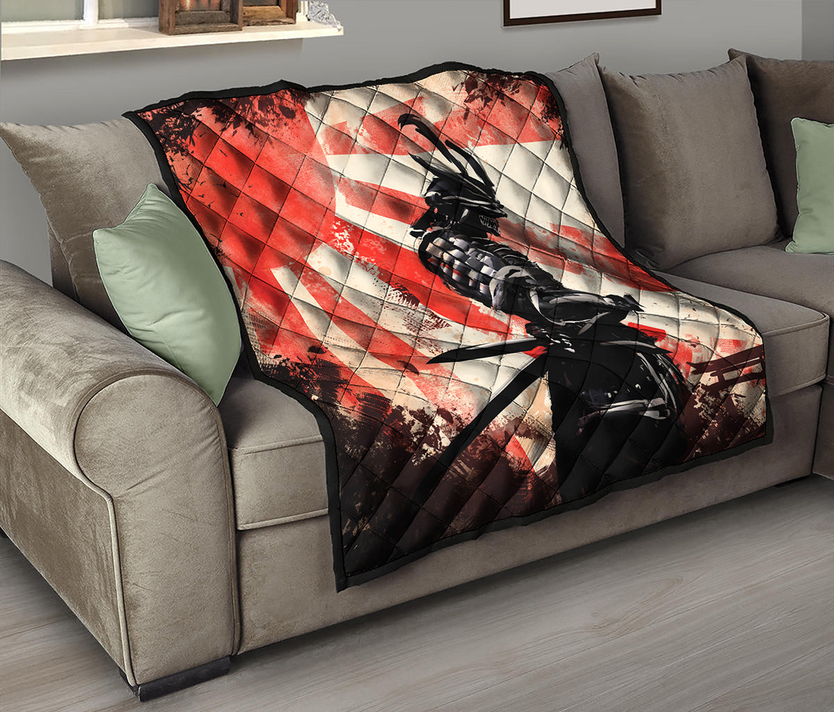 Red Rising Sun Samurai Print Quilt