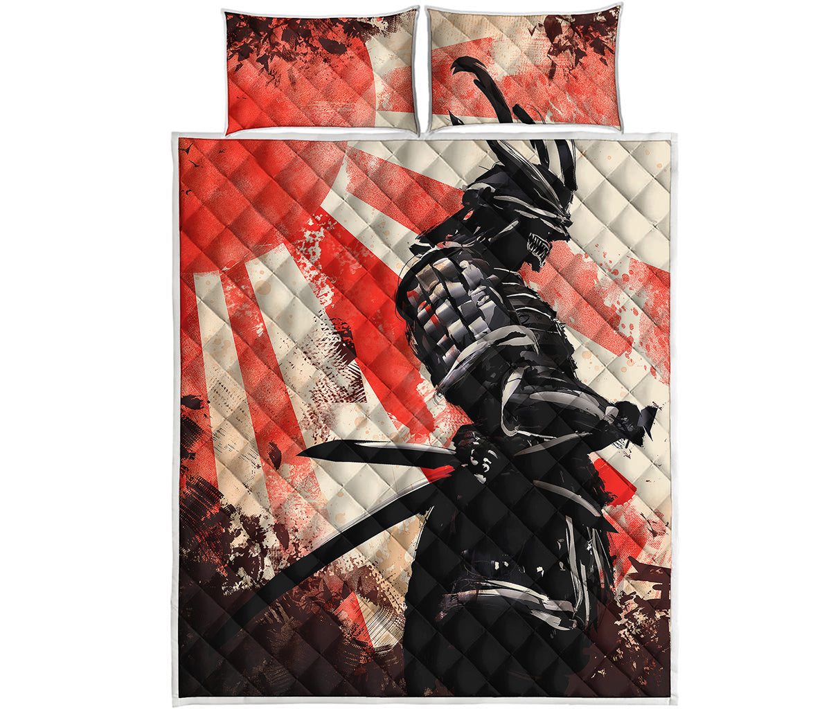 Red Rising Sun Samurai Print Quilt Bed Set
