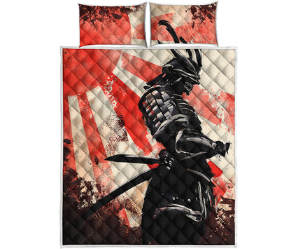 Red Rising Sun Samurai Print Quilt Bed Set