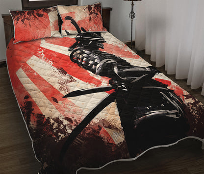 Red Rising Sun Samurai Print Quilt Bed Set