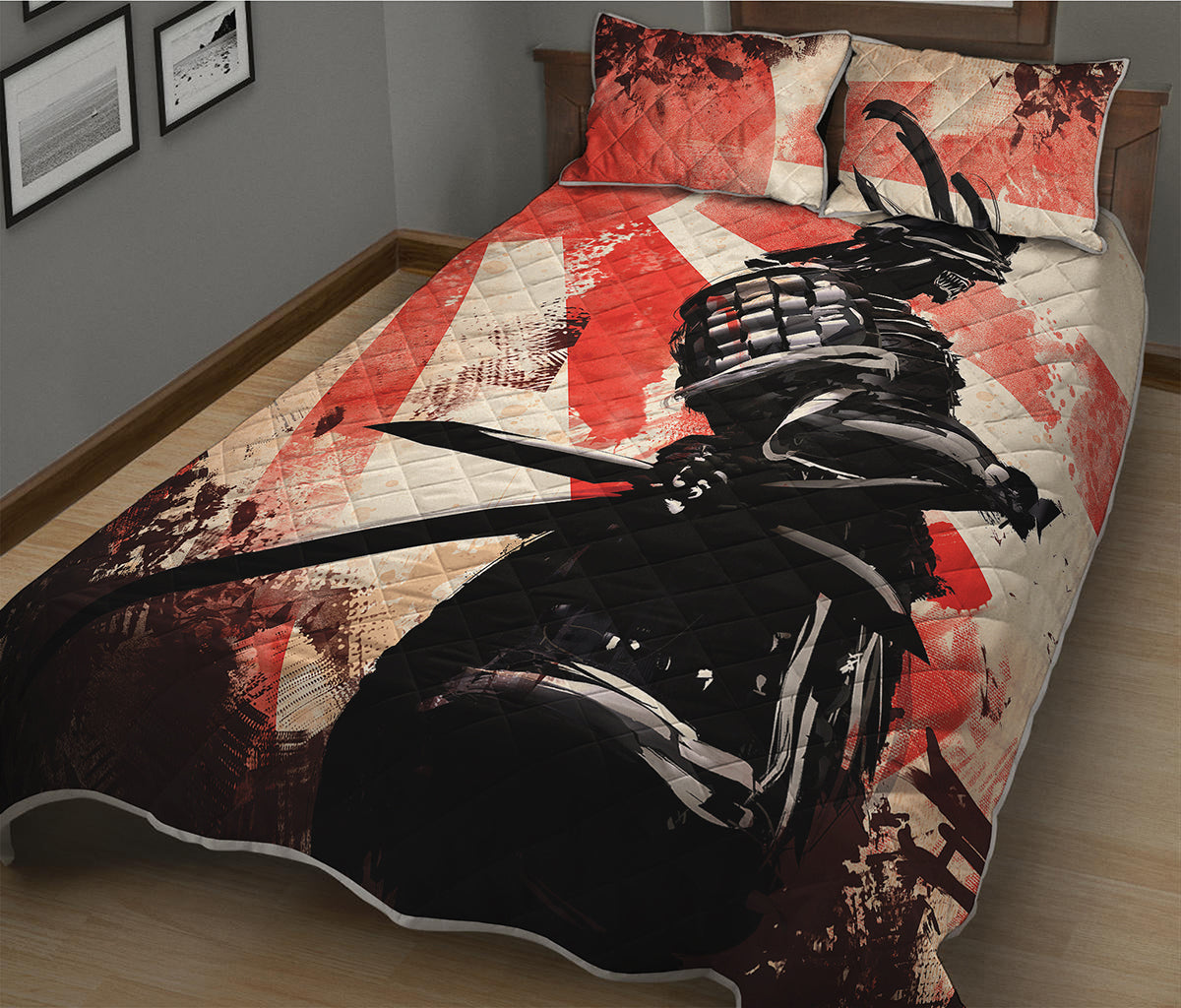Red Rising Sun Samurai Print Quilt Bed Set