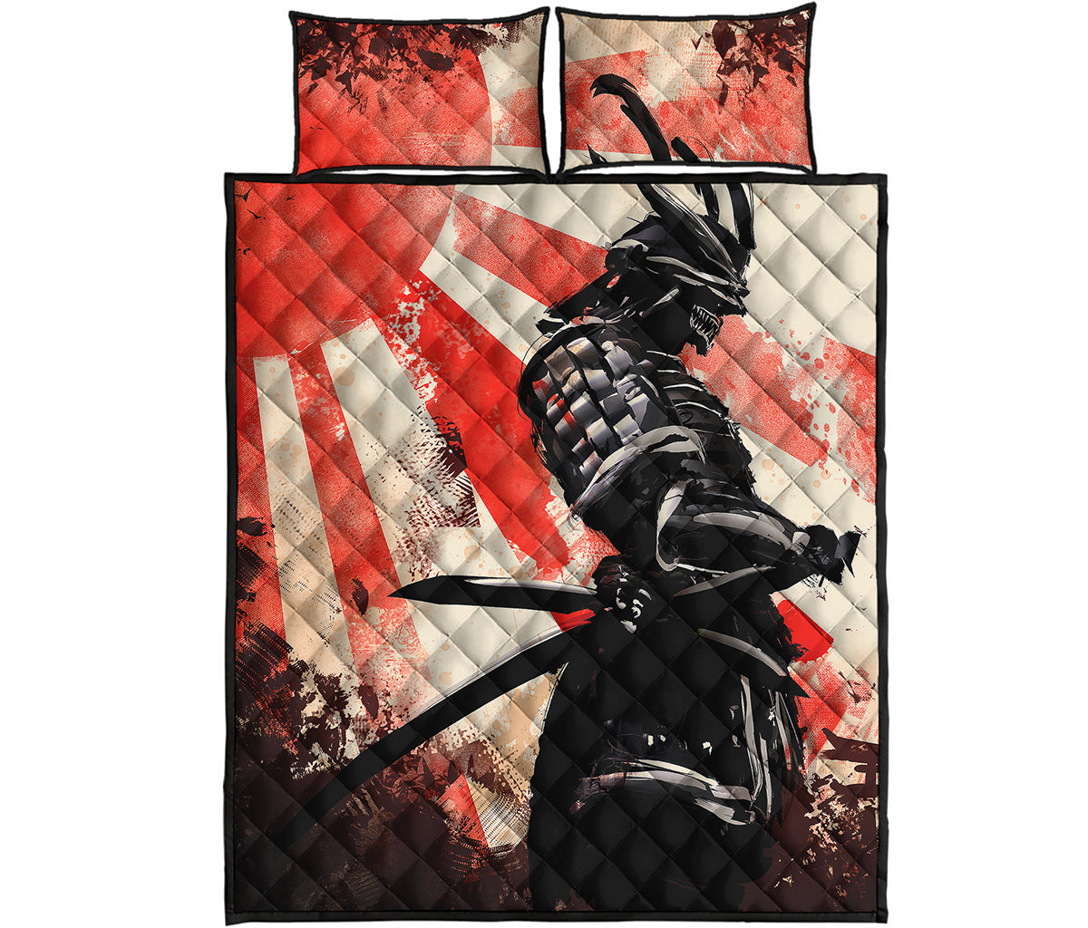 Red Rising Sun Samurai Print Quilt Bed Set