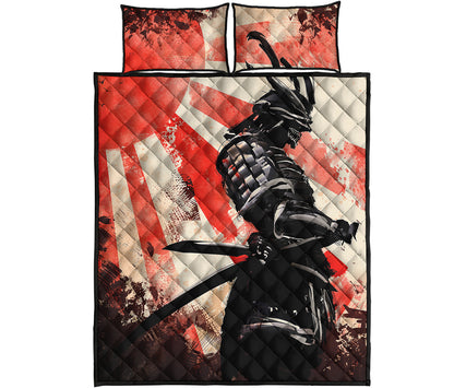 Red Rising Sun Samurai Print Quilt Bed Set