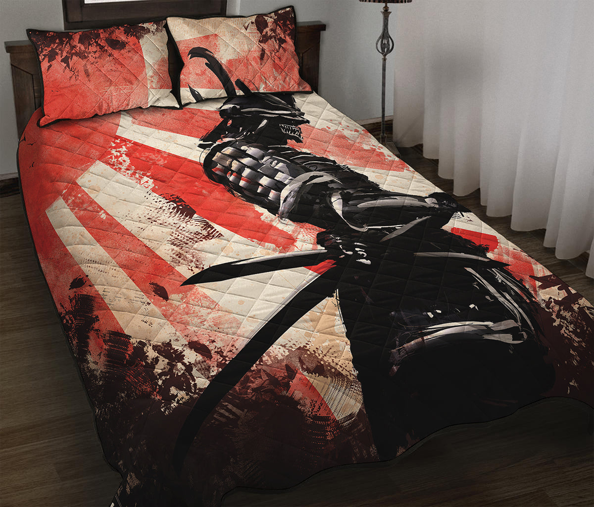 Red Rising Sun Samurai Print Quilt Bed Set