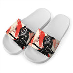 Red Rising Sun Samurai Print White Slide Sandals