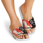 Red Rising Sun Samurai Print White Slide Sandals