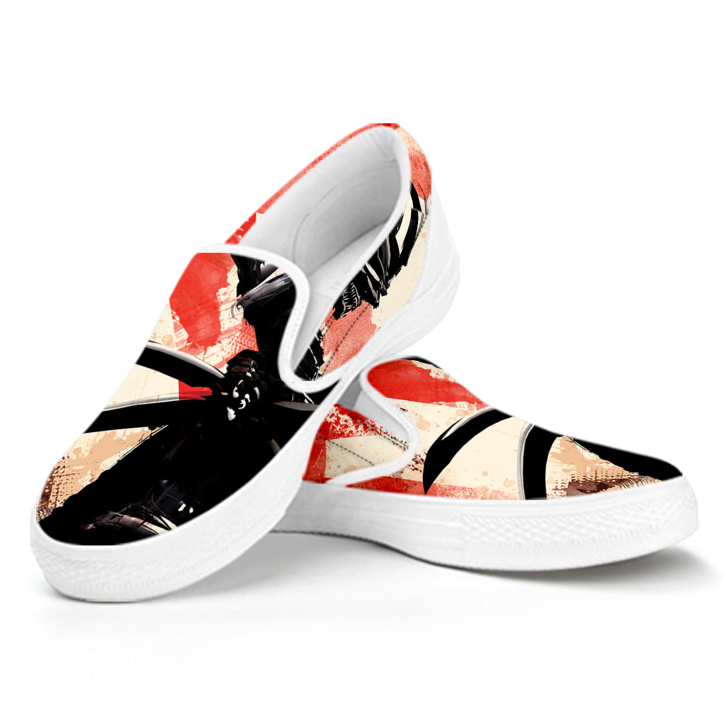 Red Rising Sun Samurai Print White Slip On Shoes