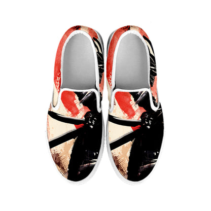 Red Rising Sun Samurai Print White Slip On Shoes