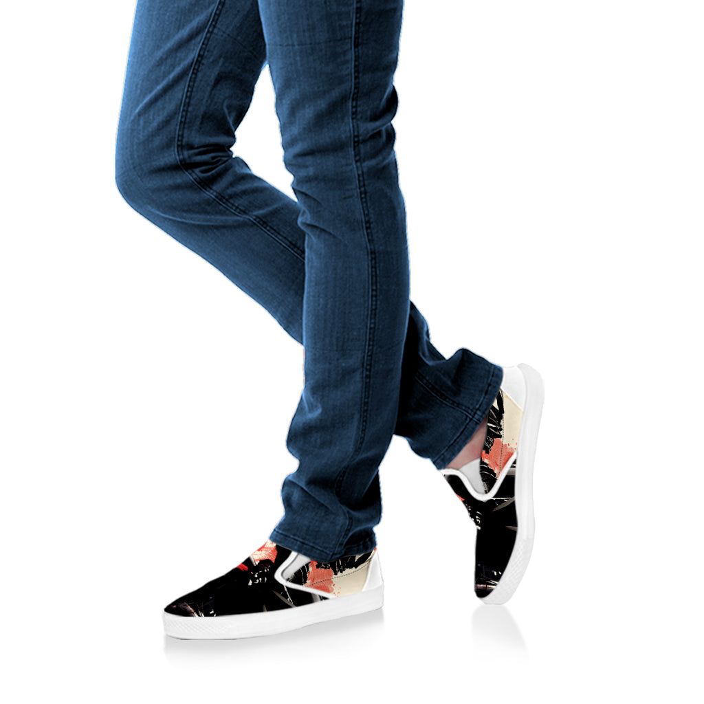 Red Rising Sun Samurai Print White Slip On Shoes