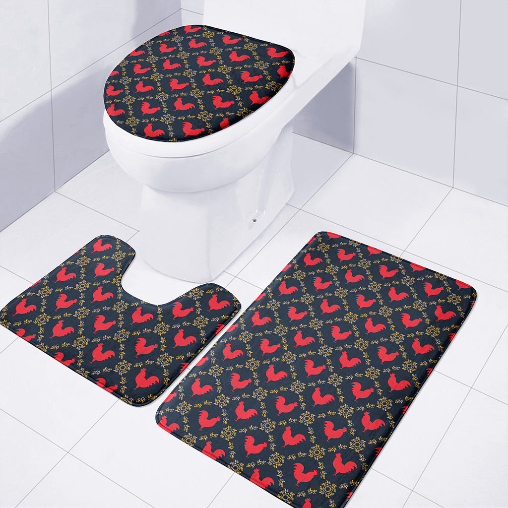Red Rooster Pattern Print 3 Piece Bath Mat Set